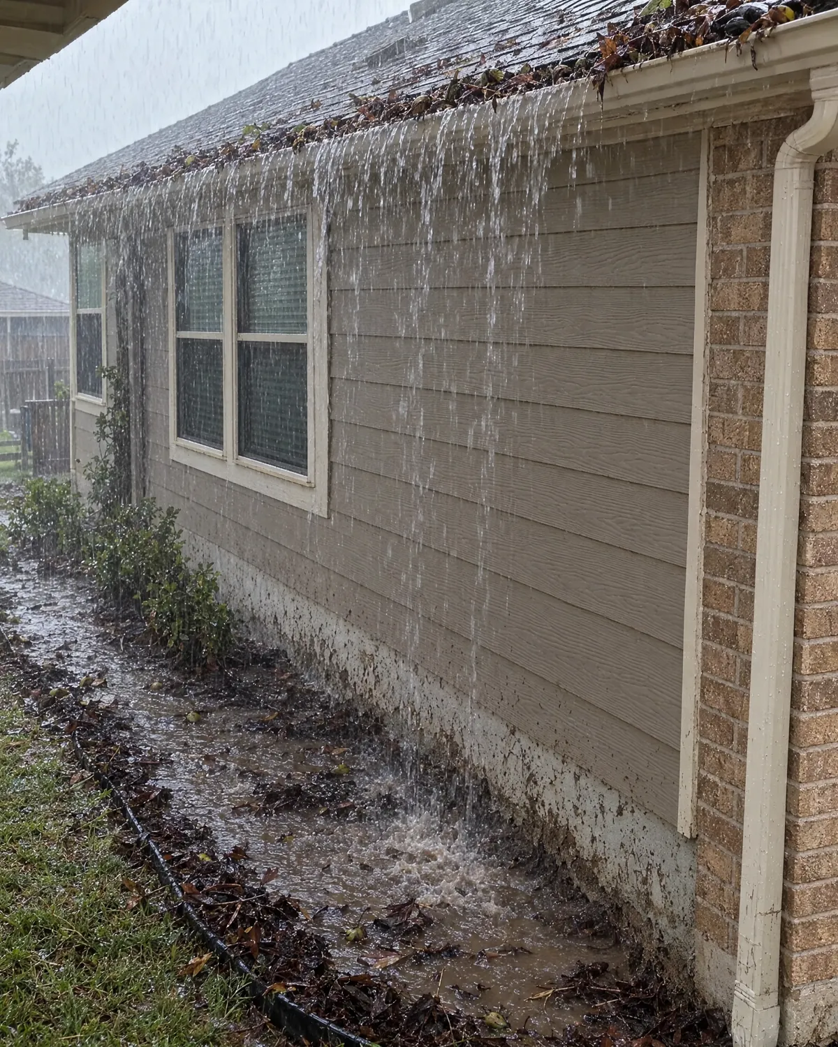 Rain sheeting over the front edge of a leaf-clogged gutter into a flooded mulch bed beside the slab