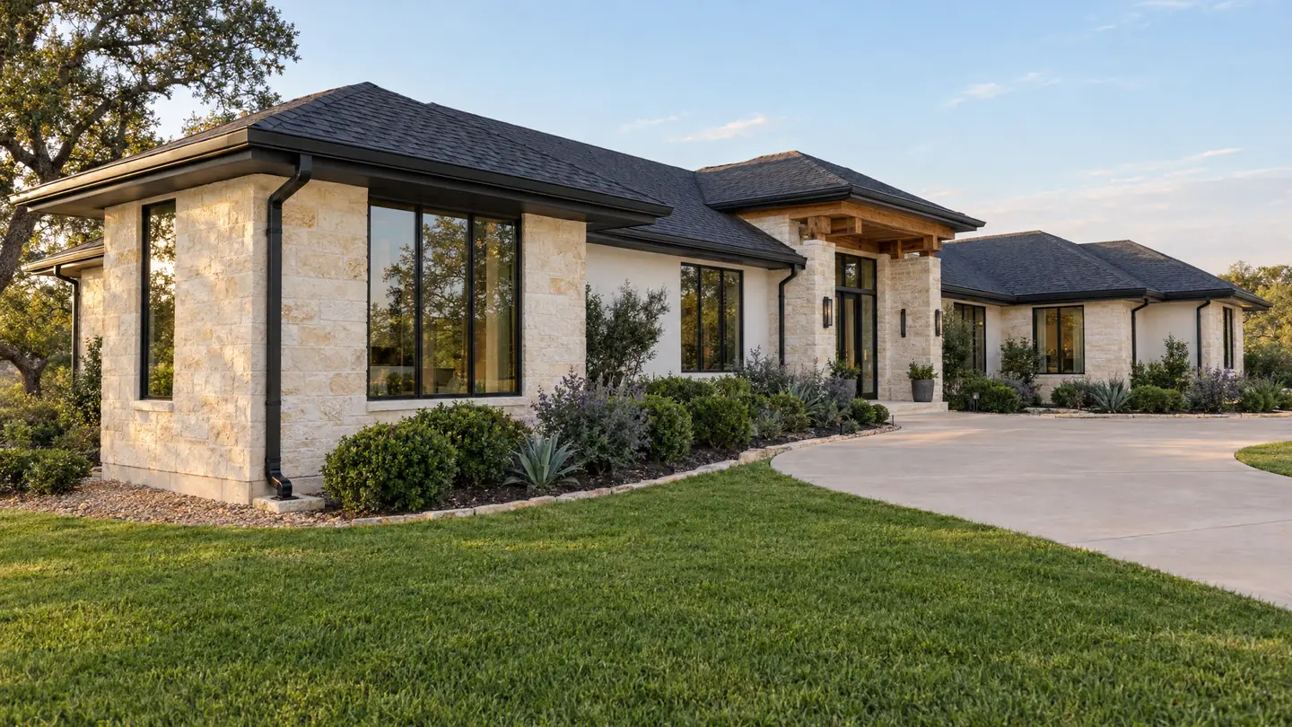 A large modern Texas home in light stone with black seamless gutters along every eave and black downspouts turning the water away from the house