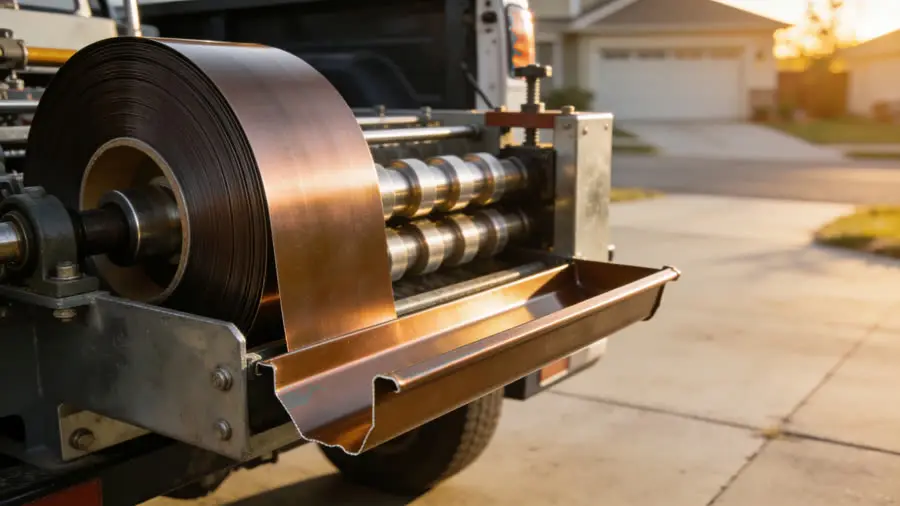 Flat bronze aluminium coil feeding into the roller box of a gutter forming machine