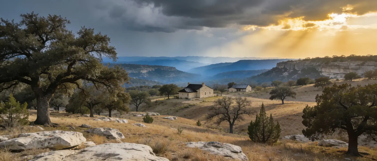Live oaks and cedar spread across a rocky Hill Country slope under a clearing storm