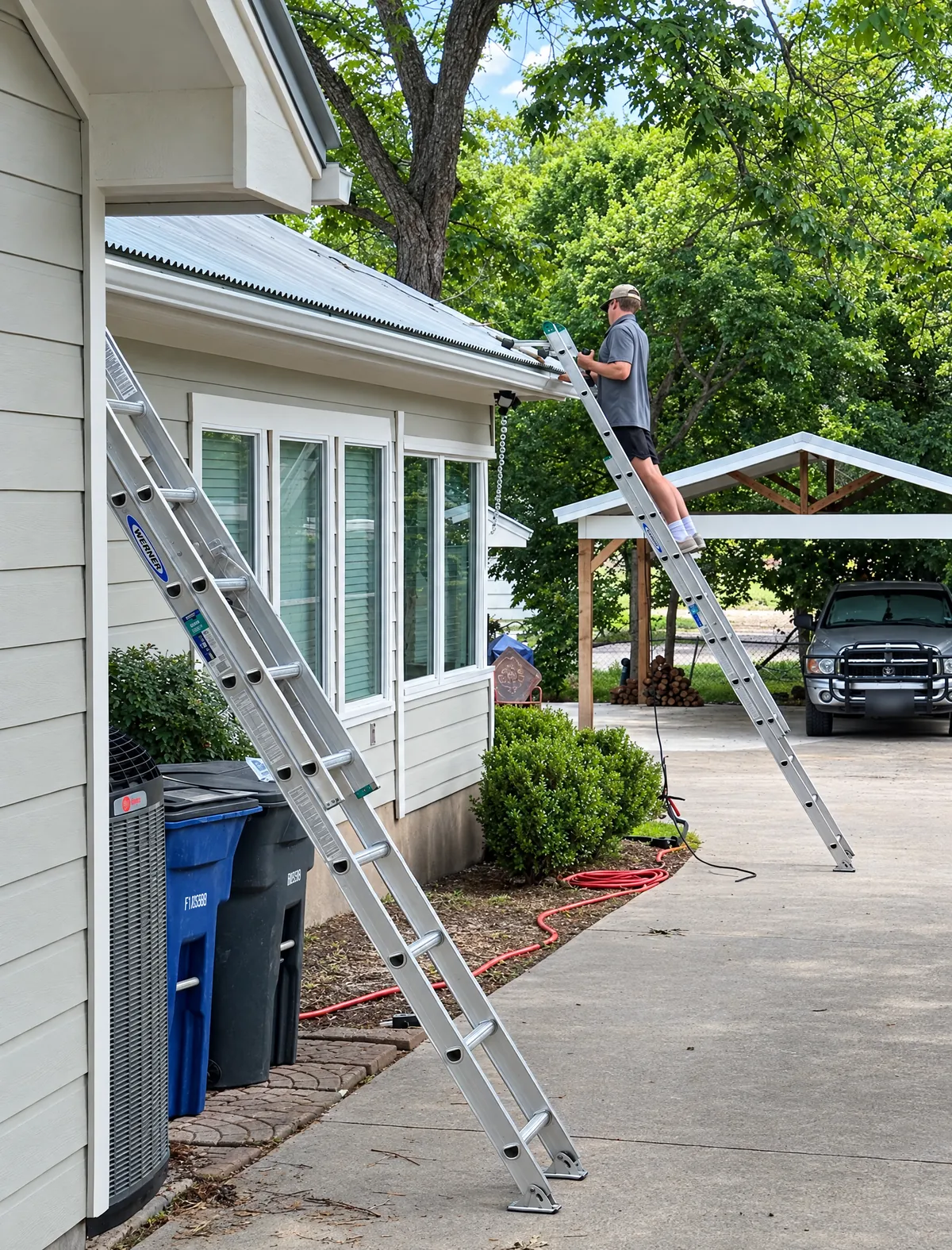 A PSG crew member on a ladder at the eave of a metal-roof house, fitting a gutter
