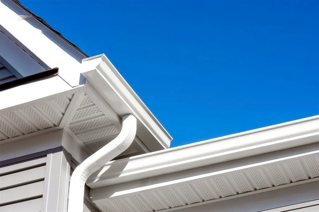 A PSG job: a white seamless gutter with a mitered corner and downspout against a blue sky
