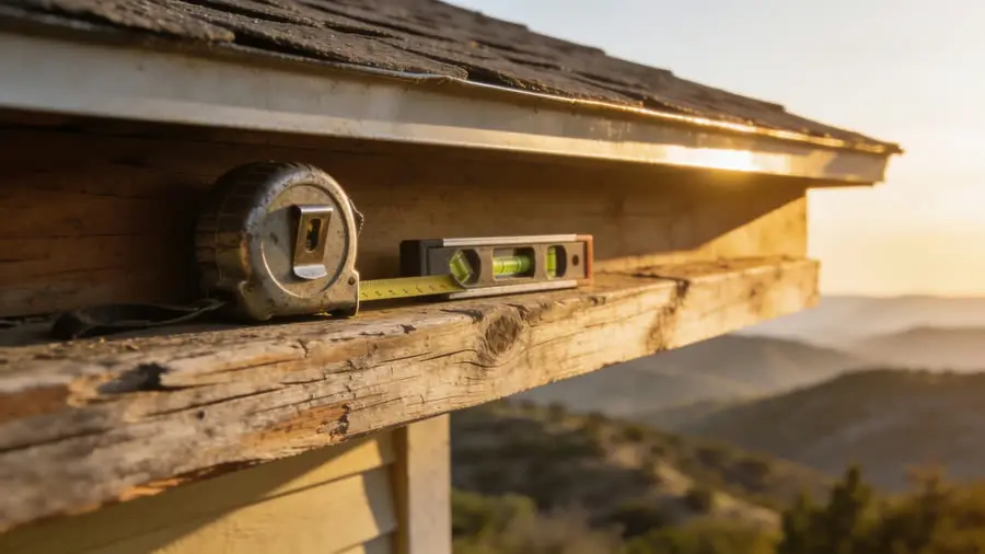 A tape measure and a level resting on the bare fascia board at an eave