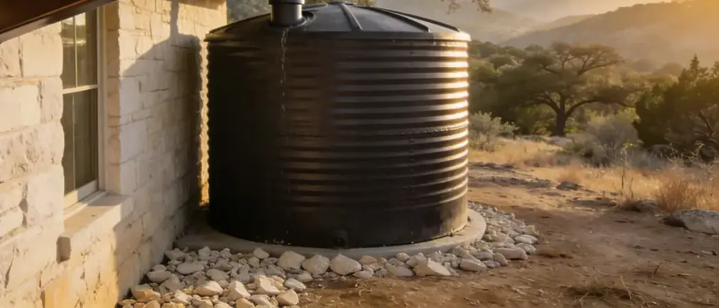 A dark ribbed rainwater tank on a gravel pad beside a limestone house, with Hill Country behind