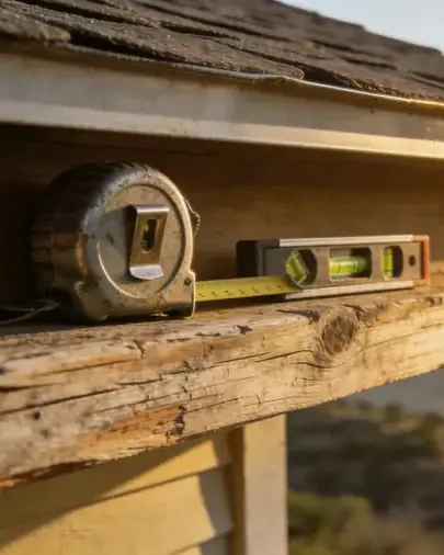 A tape measure and a level resting on a weathered fascia board